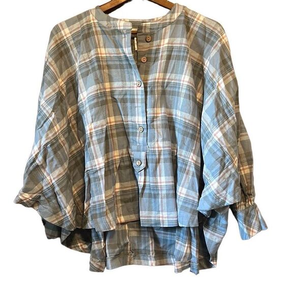 Blue Plaid Peplum Blouse Top 3/4 Sleeve Button Front Flowy Layered Cottagecore - Picture 1 of 7